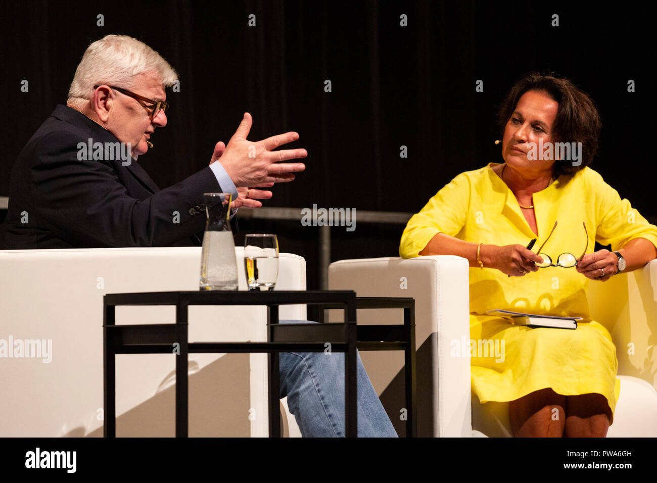 Essen, Germany, 9 October 2018. Joschka Fischer, former German Foreign Secretary, in talks with Ferdos Forudastan (Süddeutsche Zeitung) about his book Zeitenwende - was folgt auf das 'Jahrhundert des Westens'? at Zeche Zollverein. The second lit.RUHR literature festival takes place from 9 to 14 October 2018 with more than 80 events in the Ruhr Area. Stock Photo