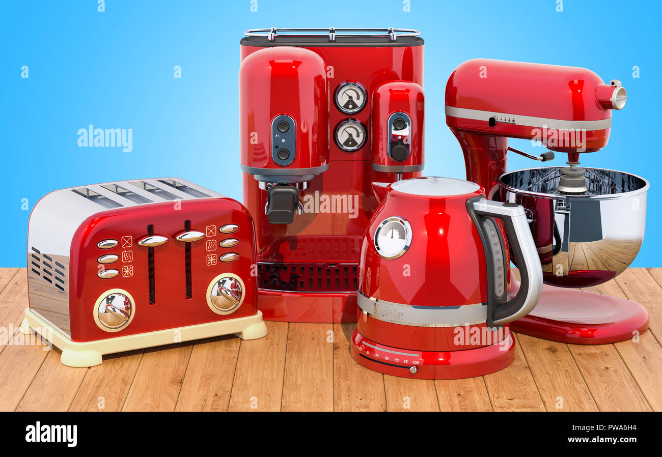 Red stainless electric tea kettle, coffeemaker, toaster, mixer. Retro  design on the wooden table. 3D rendering Stock Photo - Alamy
