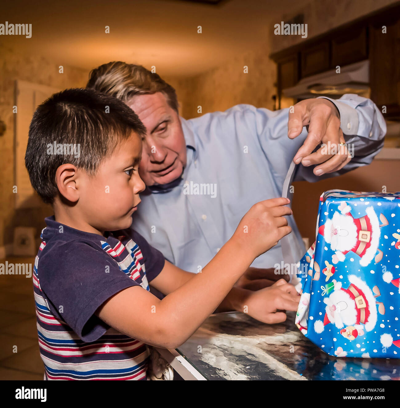 Young Child wrapping Christmas gift. With help of grandpa Series of 7 images. MR   © Myrleen Pearson    ...Ferguson Cate Stock Photo