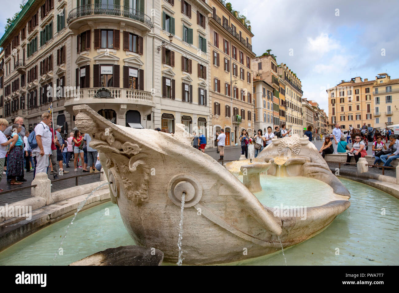 Fontana della Barcaccia or Fountain of the boat in Piazza Di Spagna at the foot of the Spanish steps in Rome,Italy,Europe Stock Photo