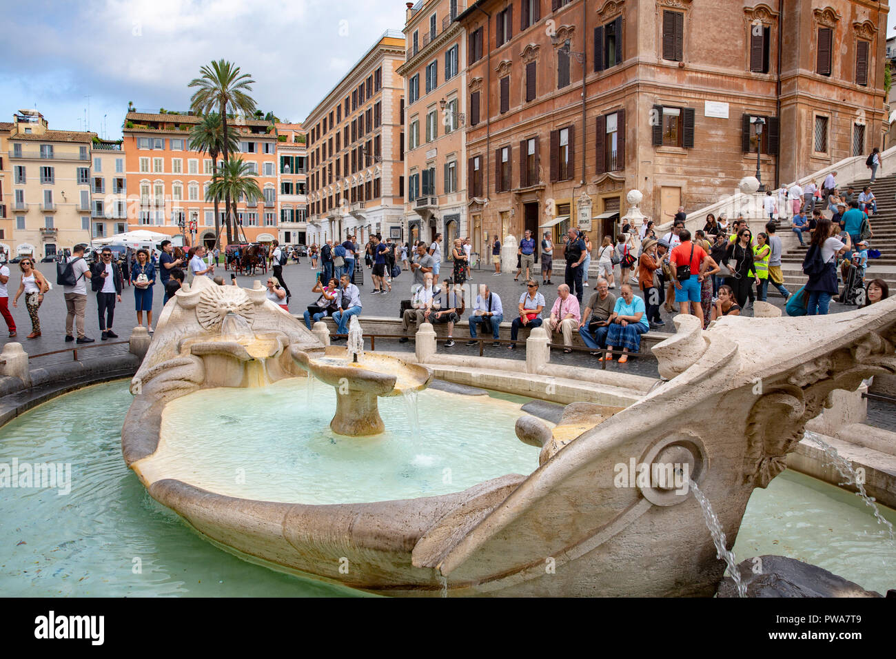 Fontana della Barcaccia or Fountain of the boat in Piazza Di Spagna at the foot of the Spanish steps in Rome,Italy,Europe Stock Photo