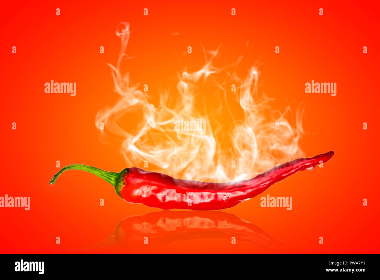 single red chili peppers  with white smoke on red background Stock Photo