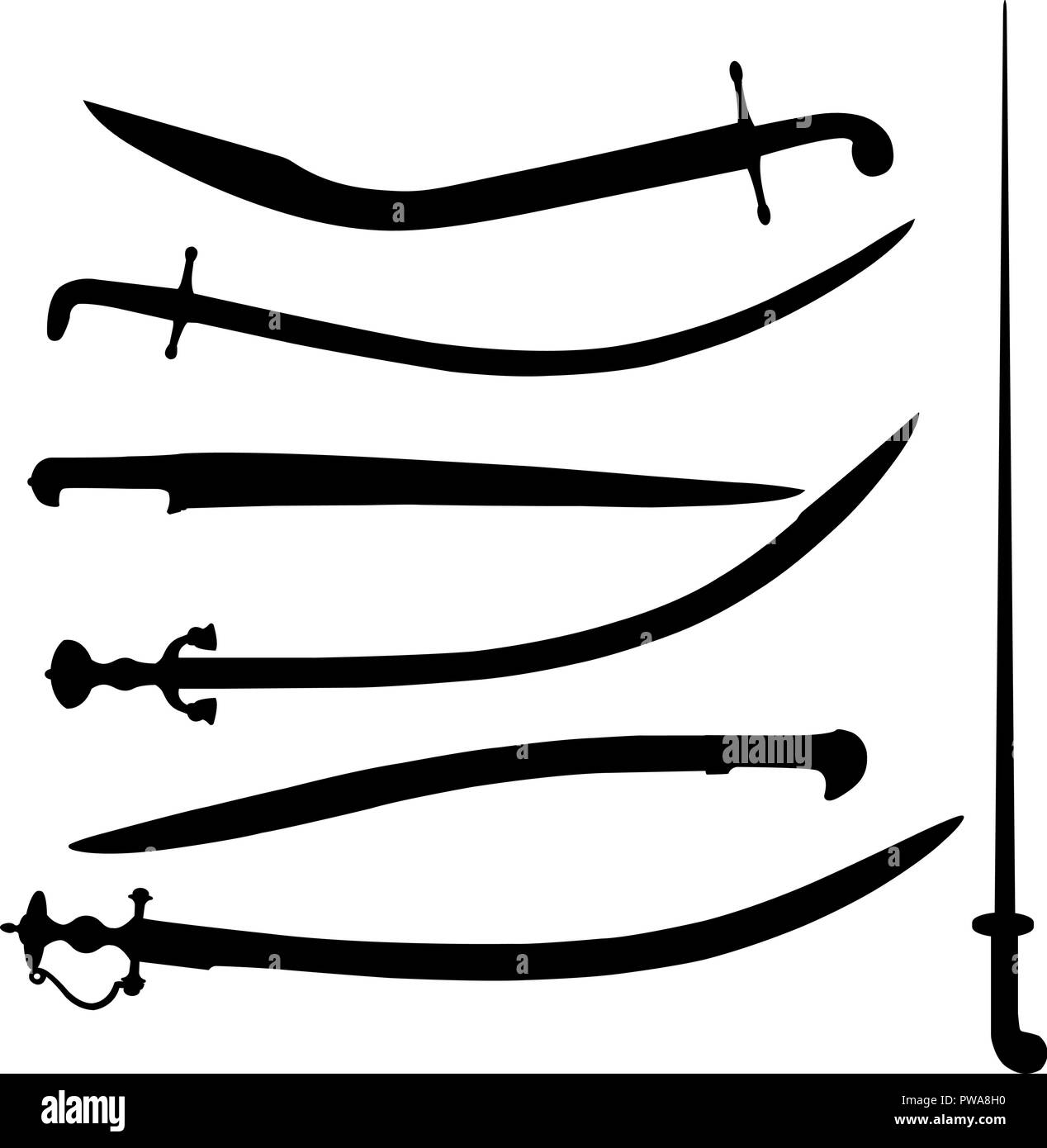 Set of east sabres, knife, sword outline black isolated Stock Vector