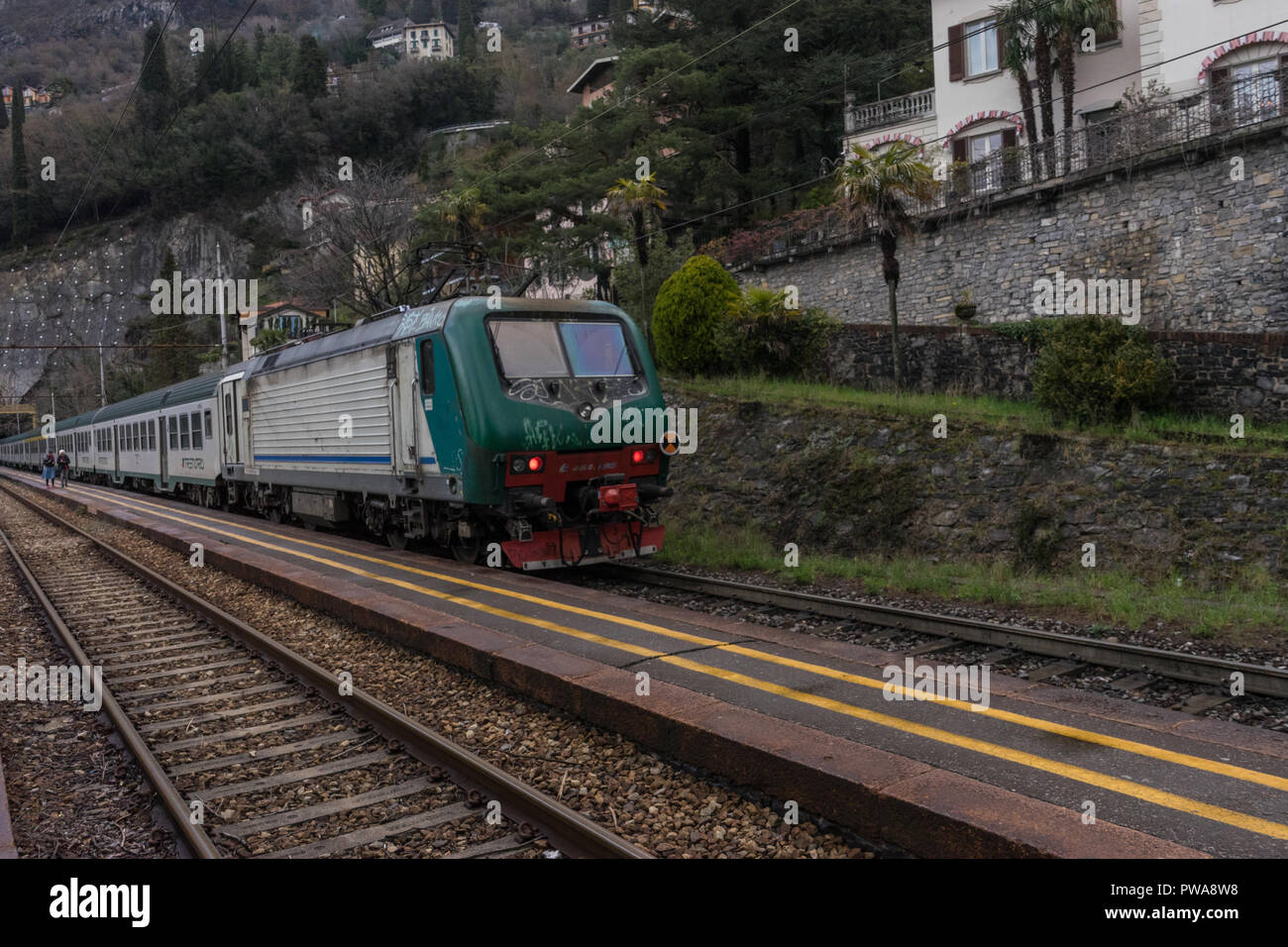Varenna, Italy March 31, 2018 Treinitalia Trenord train at Varenna