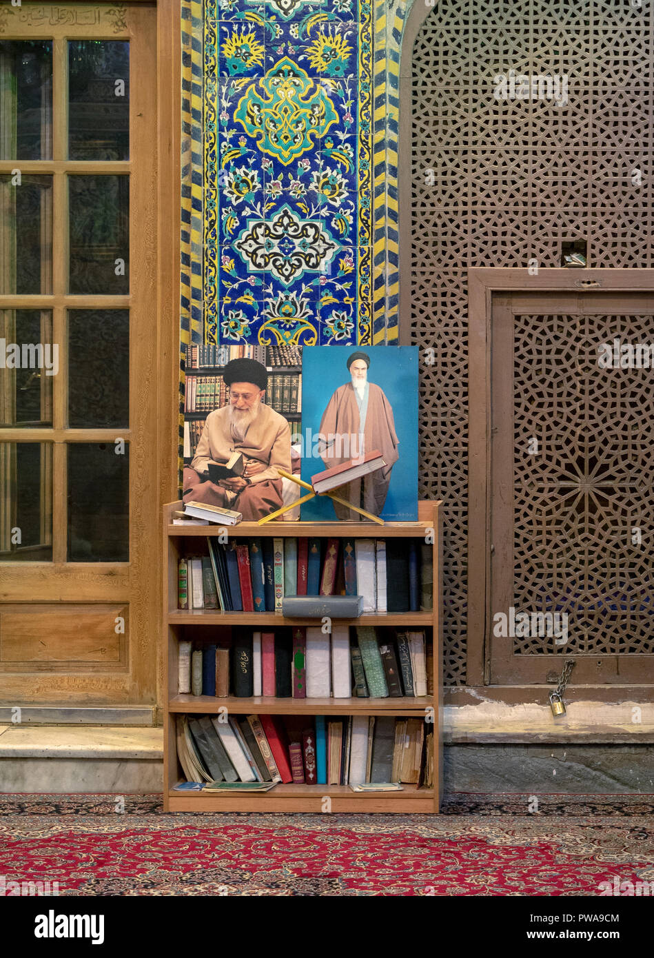 Khomeini and Khamenei portraits in Seyyed mosque, Isfahan, Iran Stock Photo