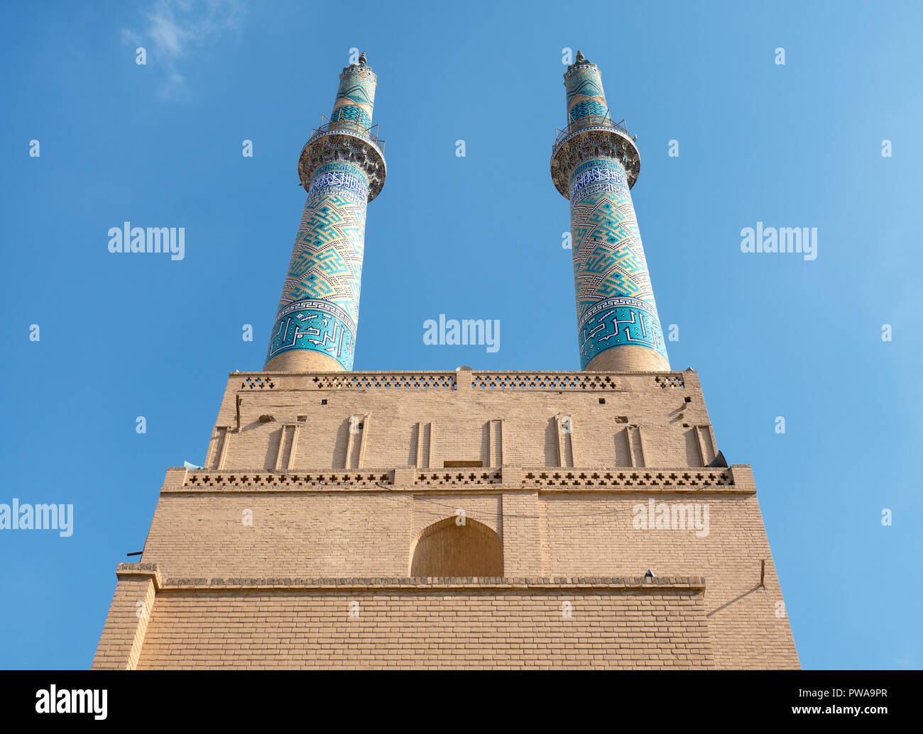 Yazd Jameh Mosque minarets, the tallest in Iran Stock Photo