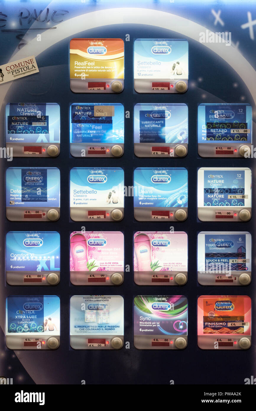 Display of Durex Contaceptives in shop window, Pistoia, Tuscany, Italy, Europe, Stock Photo