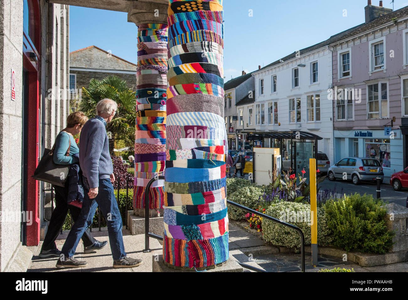 Yarn bombing on the pillars at the entrance to Truro Museum in Cornwall in the UK. Stock Photo