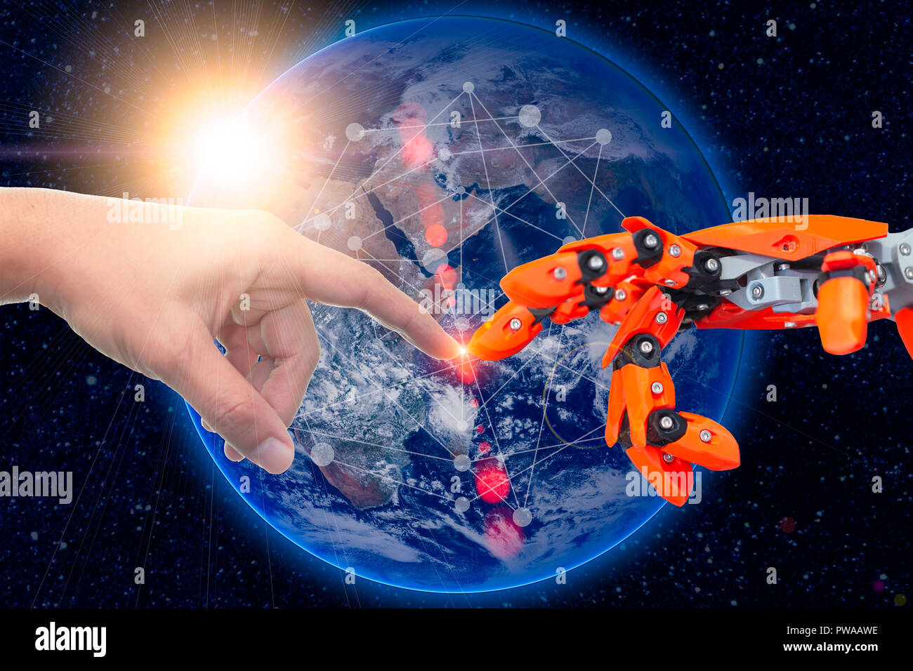 robotic engineering connected to people for future around the world concept. Elements of this image furnished by NASA. Stock Photo