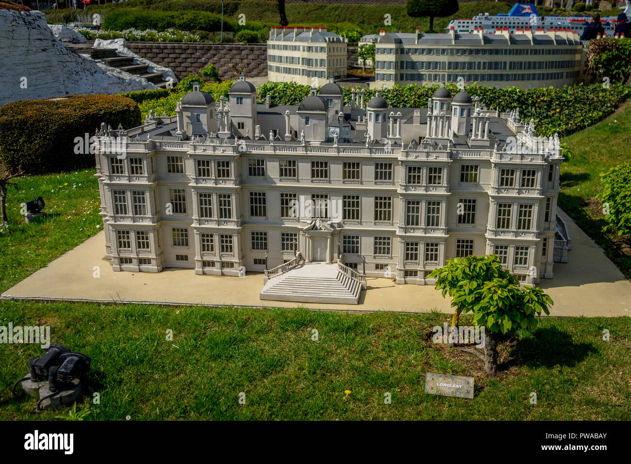 BRUSSELS, BELGIUM - 17 April 2017: Miniatures at the park Mini-Europe - reproduction of the the Longleat house in Longleat, UK, Europe Stock Photo