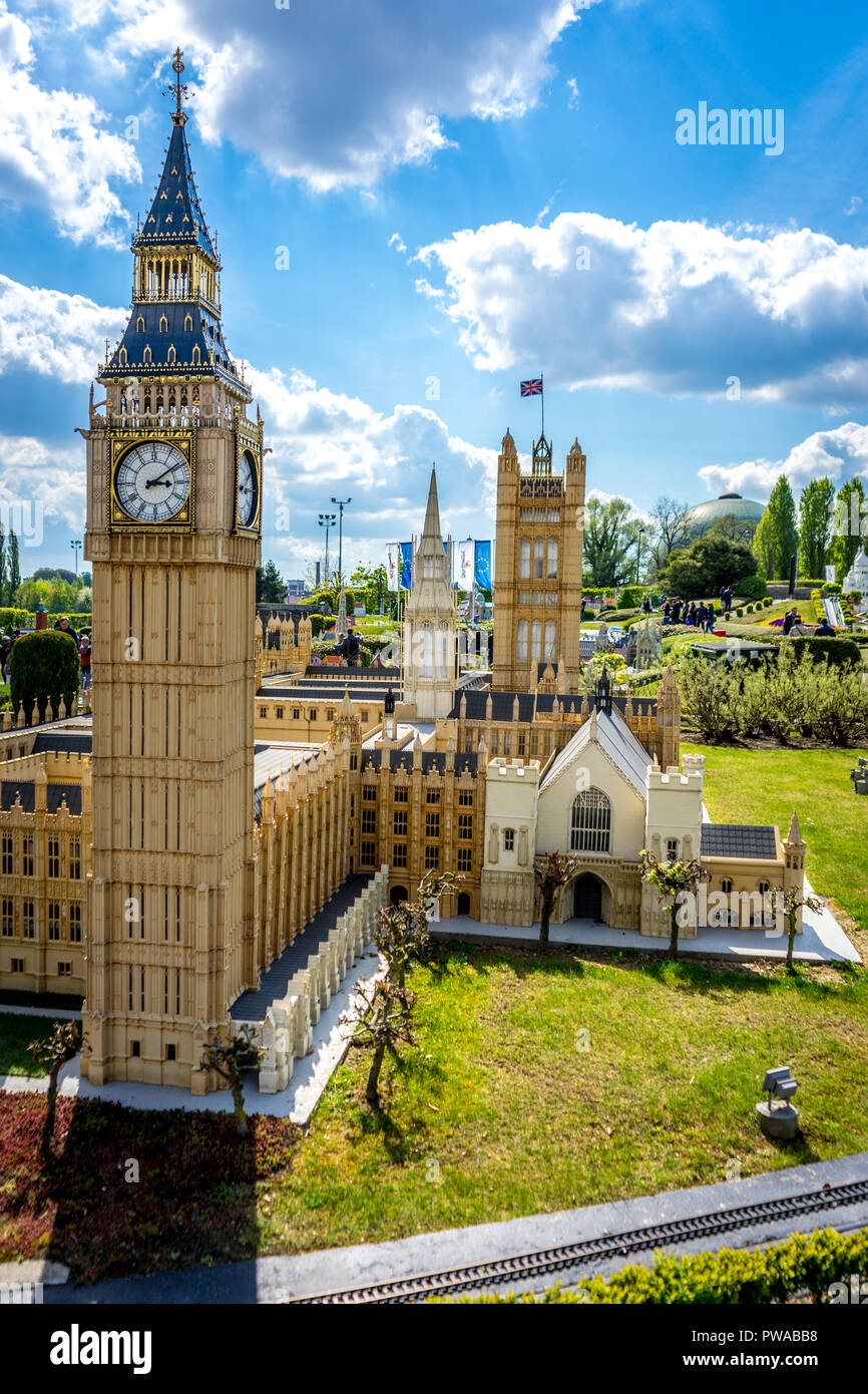 BRUSSELS, BELGIUM - 17 April 2017: Miniatures at the park Mini-Europe - reproduction of the the Westminister palace and big ben in London, UK, Europe Stock Photo