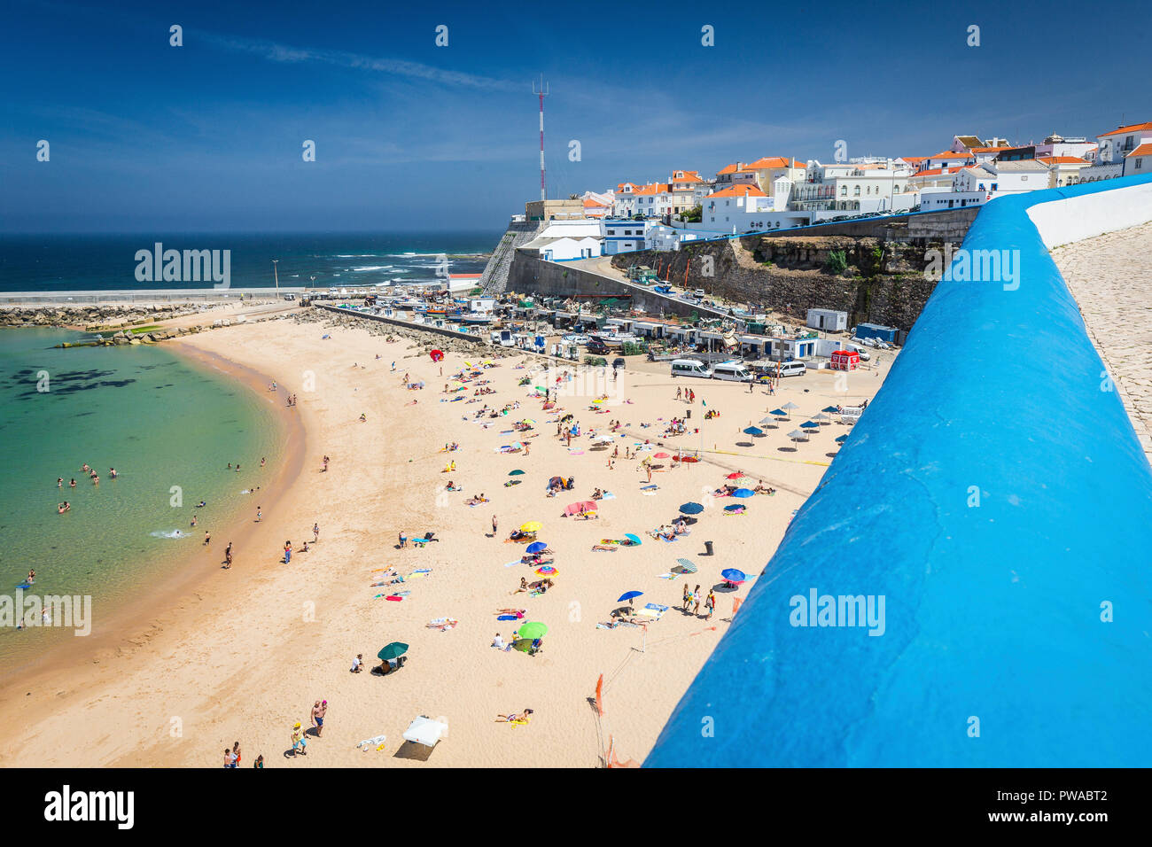 The popular beach town Ericeira on a sunny day, Portugal Stock Photo