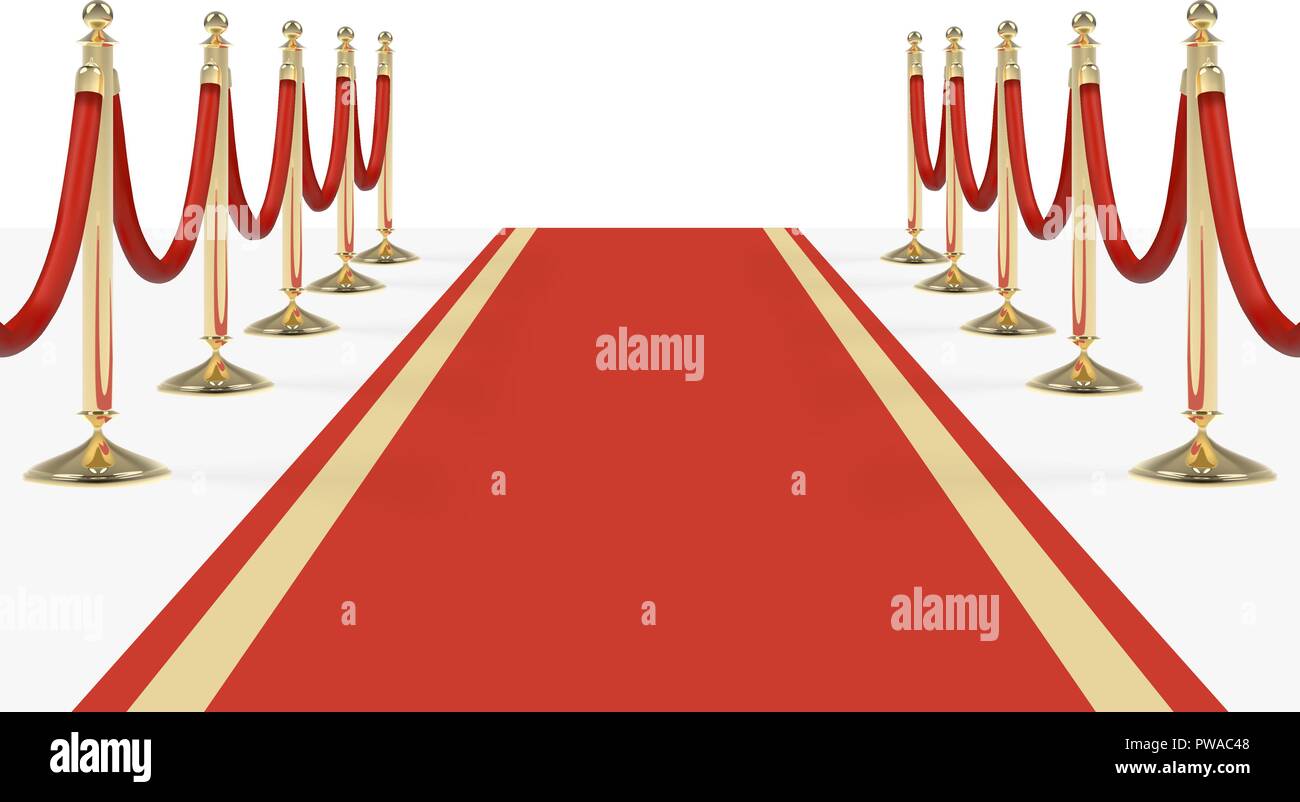 Red carpet with red ropes on golden stanchions. Exclusive event, movie