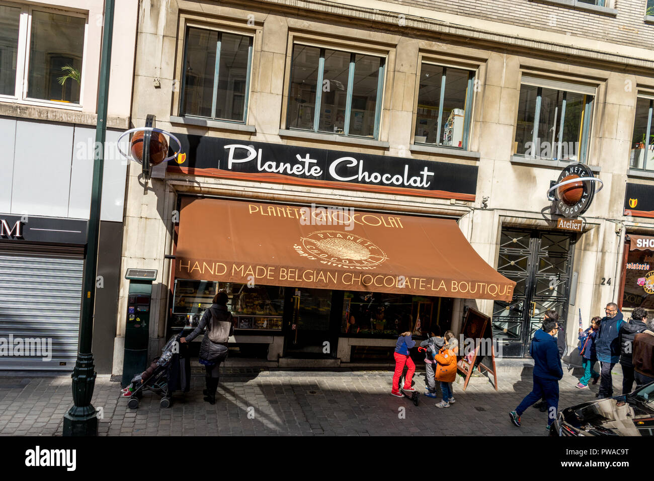 Brussels, Belgium - April 2017: The famous planet chocolate shop in the city of Brussels, Belgium Stock Photo