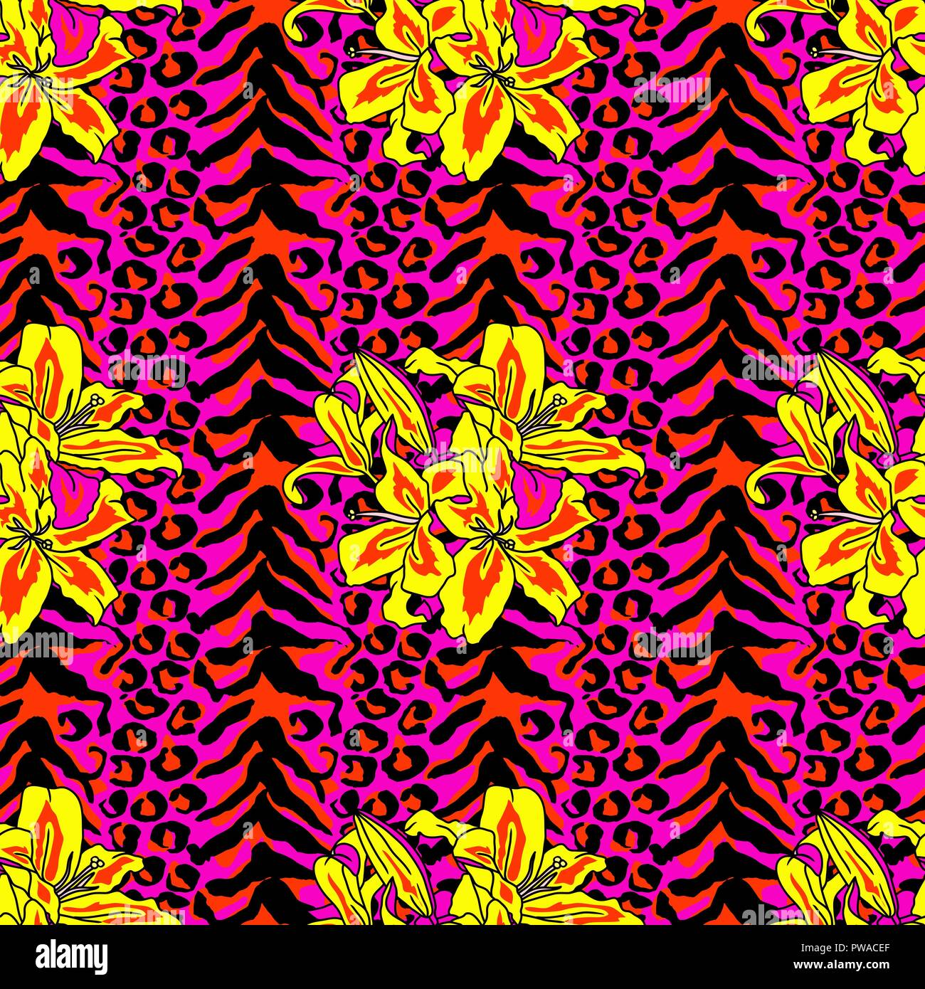 Brush painted tiger seamless pattern. Pink leopard spots and yellow lilly background. Stock Vector