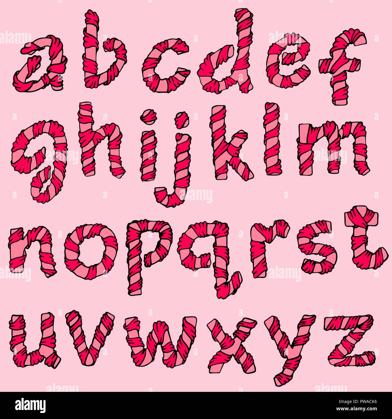 Wrapped in a ribbon alphabet. Set of pink letters. Vector illustration