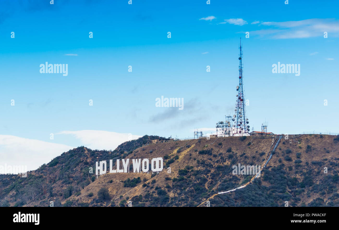 Los Angeles, CA, USA - October 28, 2016: World famous Hollywood sign under a blue sky with clouds Stock Photo