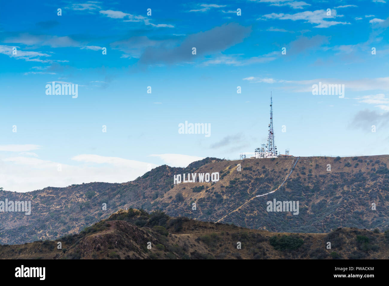 Los Angeles, CA, USA - October 28, 2016: World famous Hollywood sign under a blue sky with clouds Stock Photo