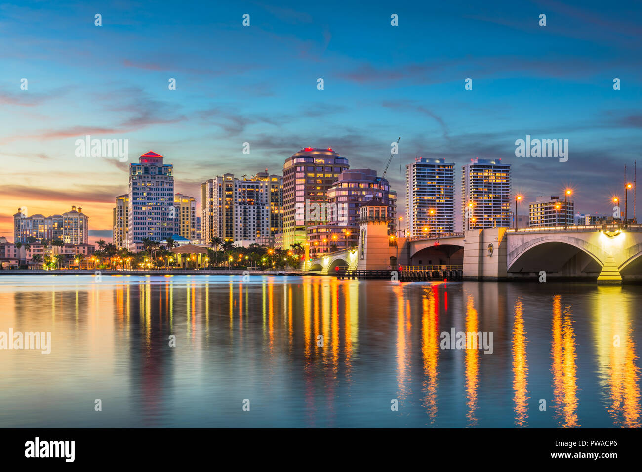 West Palm Beach, Florida, USA skyline on the Intracoastal Waterway at twilight. Stock Photo