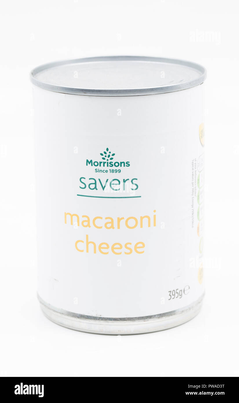 Tin of Morrisons Savers Macaroni Cheese. Dorset England UK GB Stock Photo