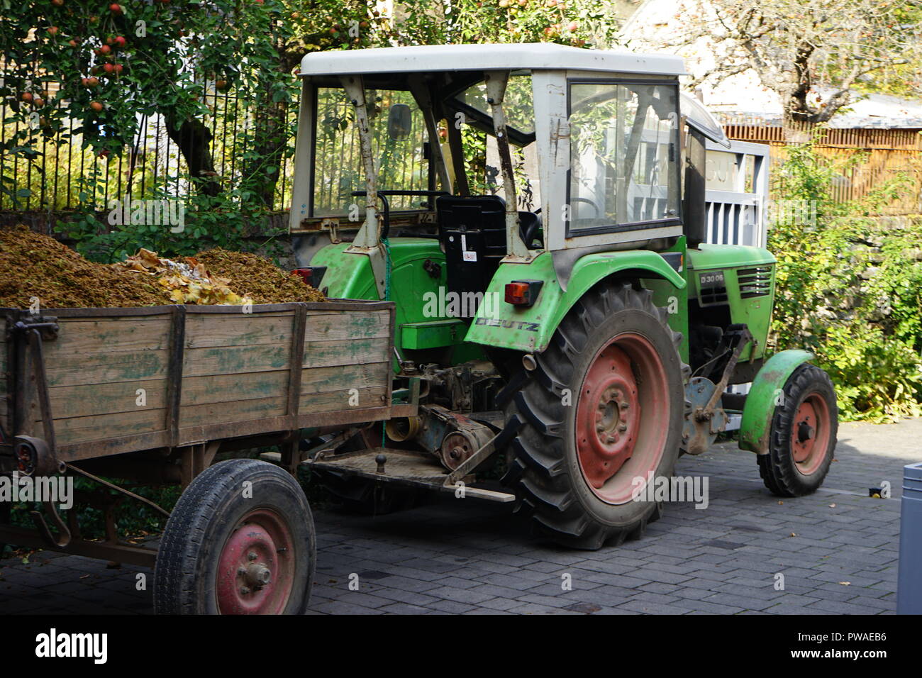 Traktor und Anhänger mit Trester (Pressrückstände) von Weintrauben, Moseltal,  Rheinland Pfalz, Deutschland Stock Photo