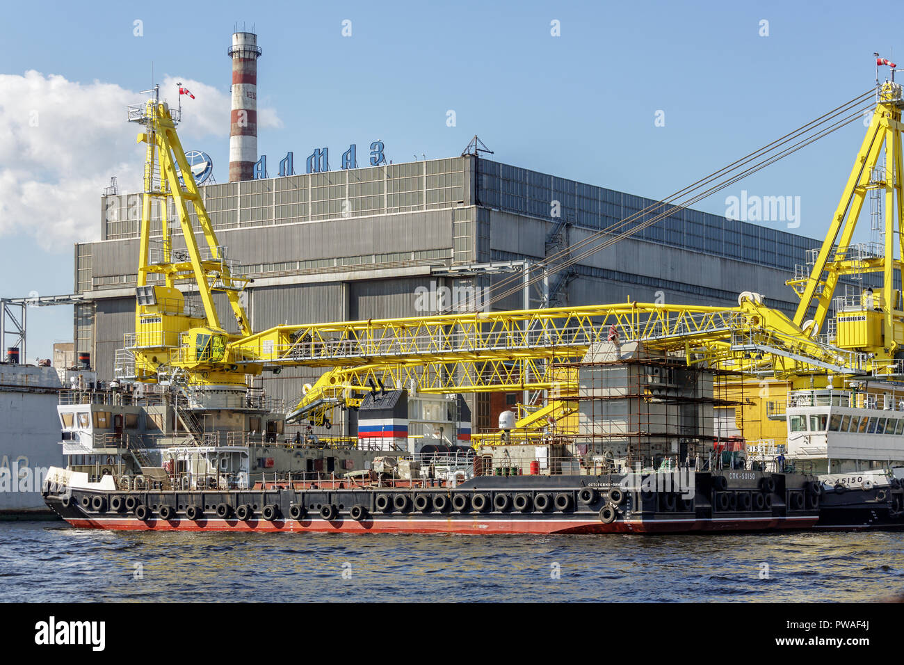 SAINT PETERSBURG, RUSSIA - MAY 23, 2016: Dock of ALMAZ Shipbuilding Company, St.-Petersburg. Company specializes in high-speed ships and boats buildin Stock Photo