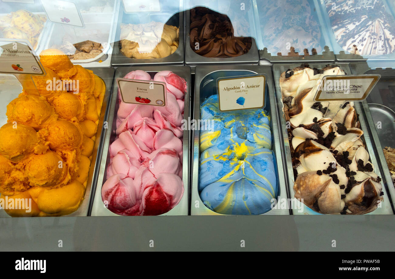 Exotic Flavors Of Gelato In A Shop Window In Seville Spain Stock Photo Alamy