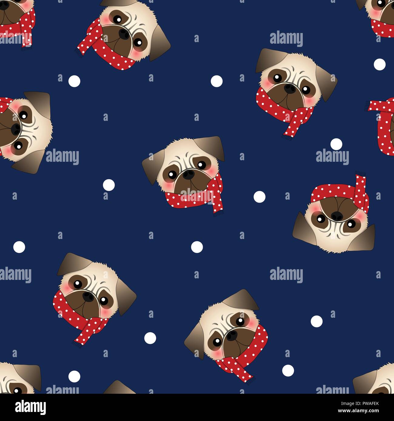 Pug Dog with Red Scarf on Navy Blue Background. Vector Illustration. Stock Vector