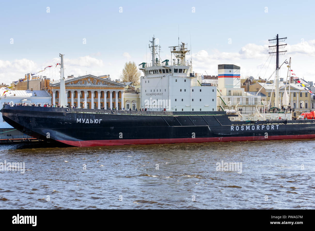 ST. PETERSBURG, RUSSIA - MAY 3, 2015: Russian ice-breaker Mudyug on the Neva river in Saint-Petersburg. Stock Photo