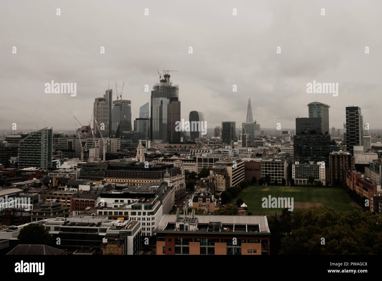 Aerial view of the London Skyline including the Shard,Walkie Talkie & other commercial skyscrapers. Horizontal, no people. Sept.2018 Stock Photo