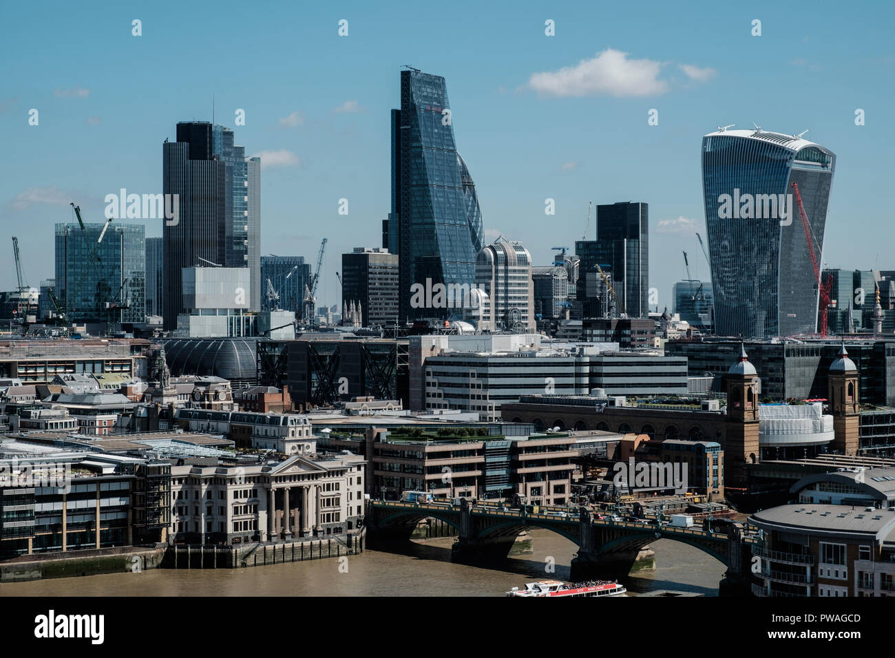 Panoramic view of the London Skyline including the Walkie Talkie and other commercial skyscrapers.Horizontal, no people. Stock Photo