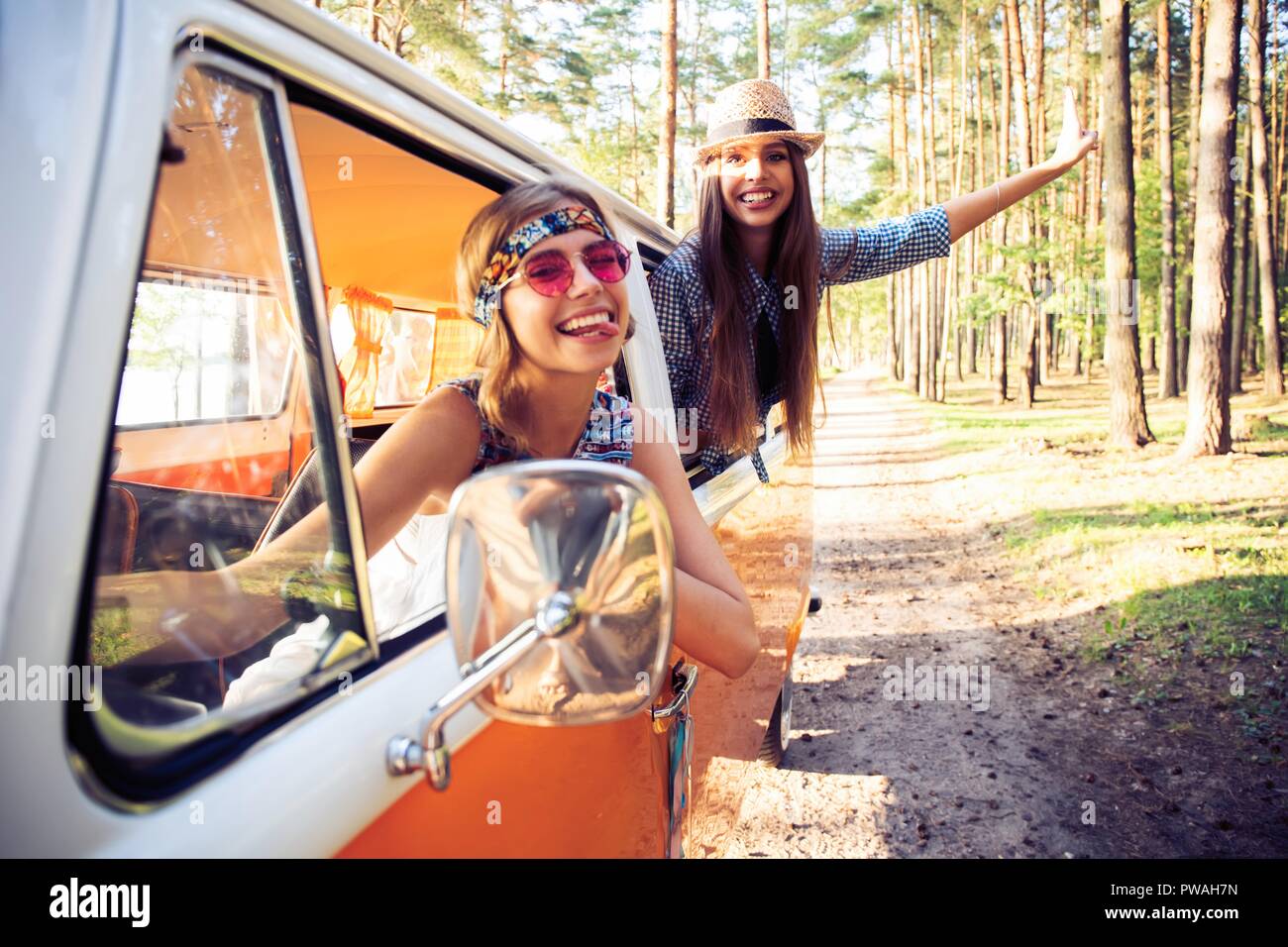 Hipster friends on road trip on a summers day Stock Photo