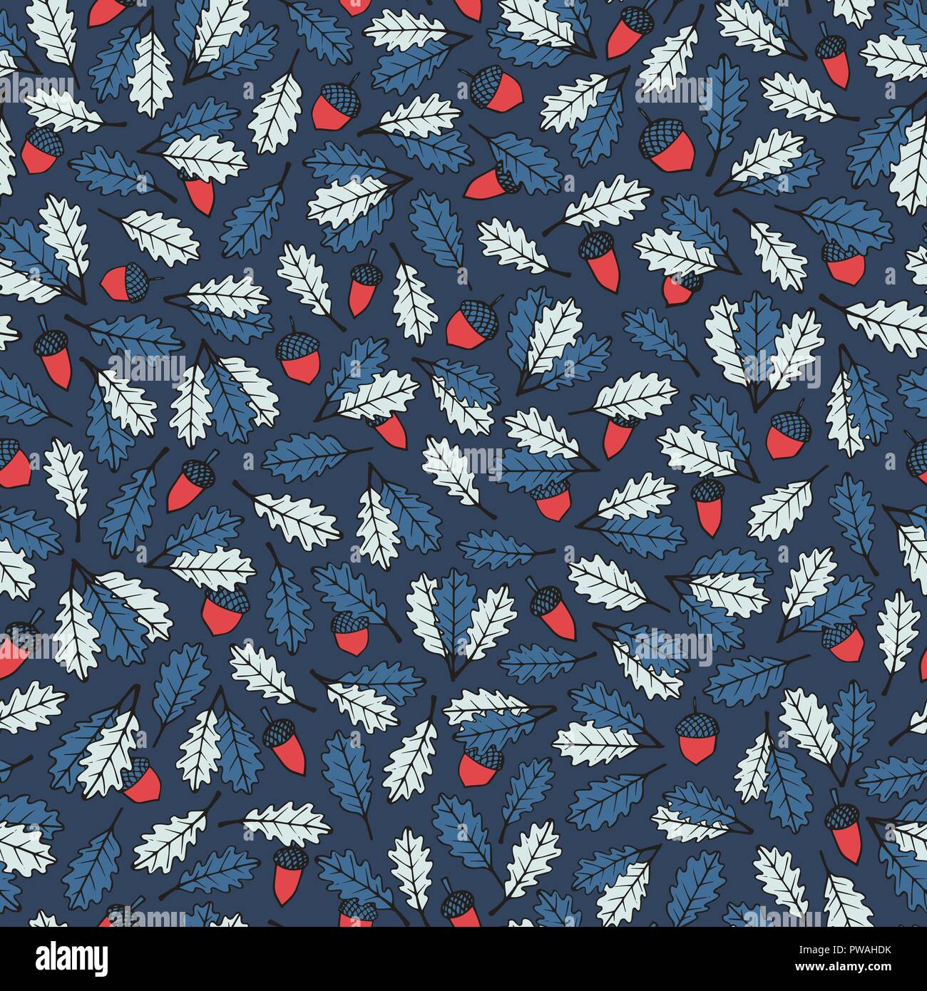 Colorful vector hand drawn pattern with autumn oak leaves and acorns on ...