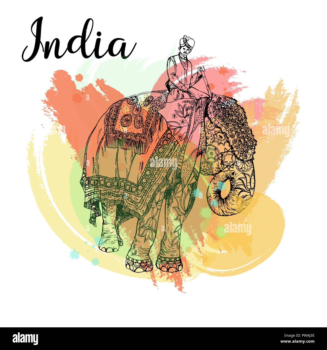 Hand drawn sketch style elephant with an Indian man sitting on it ...