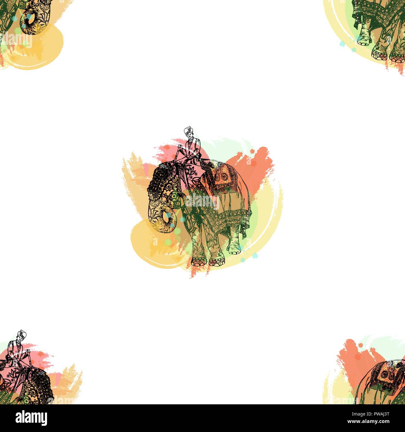 Seamless pattern of hand drawn sketch style elephant with an Indian man ...