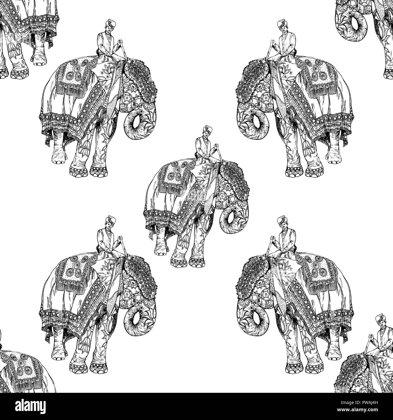 Seamless pattern of hand drawn sketch style elephant with an Indian man ...