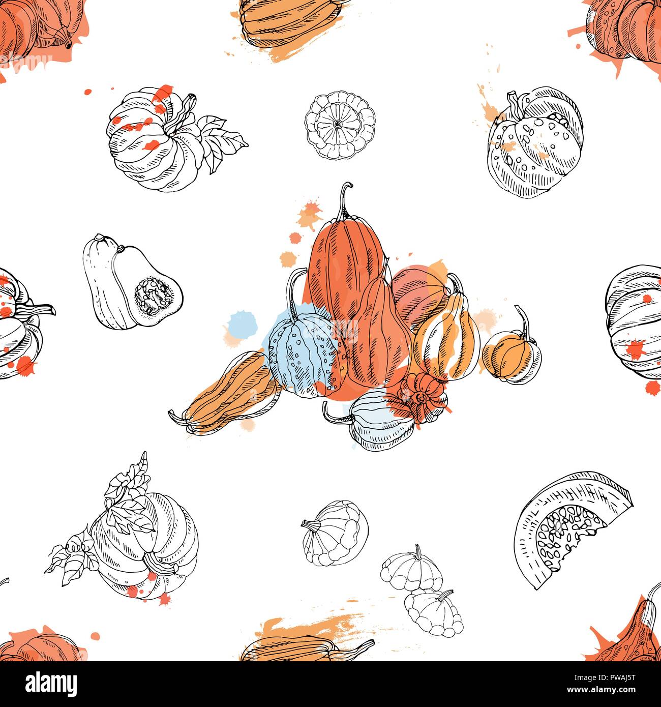 Seamless pattern of hand drawn sketch style pumpkins isolated on white ...