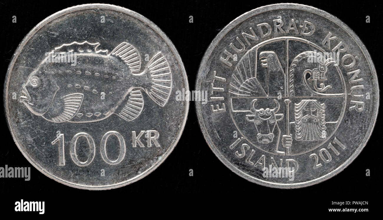 100 kronur coin, Lumpfish, Cyclopterus lumpus, Iceland, 2011 Stock Photo