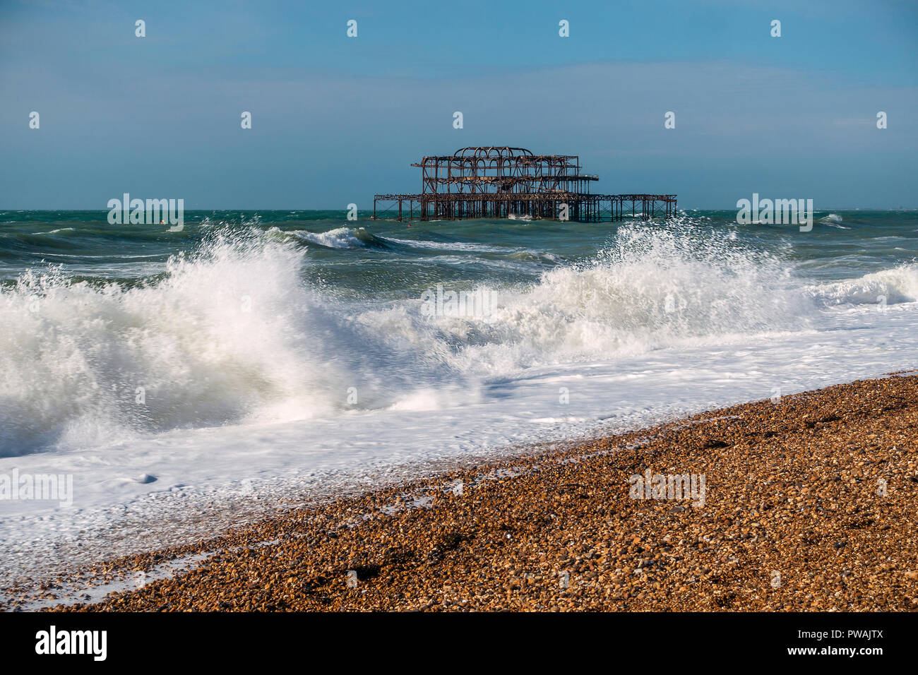 The West Pier is a pier in Brighton, England. It was designed by Eugenius Birch, opening in 1866 Stock Photo