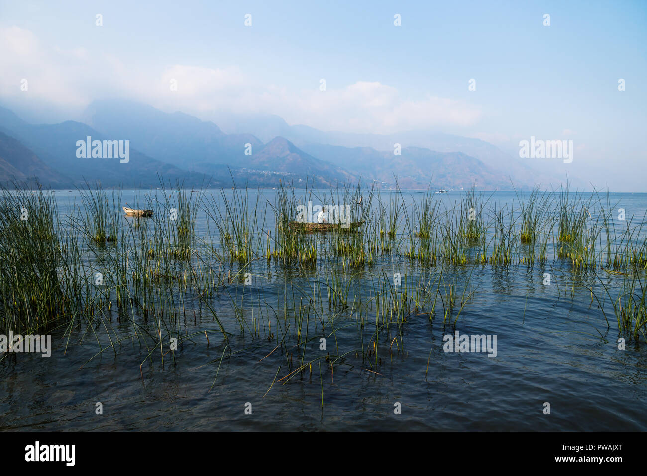 Canoe with fisherman behind reed with misty mountains at Lago Atitlan, San Juan la Laguna, Guatemala, Central America Stock Photo