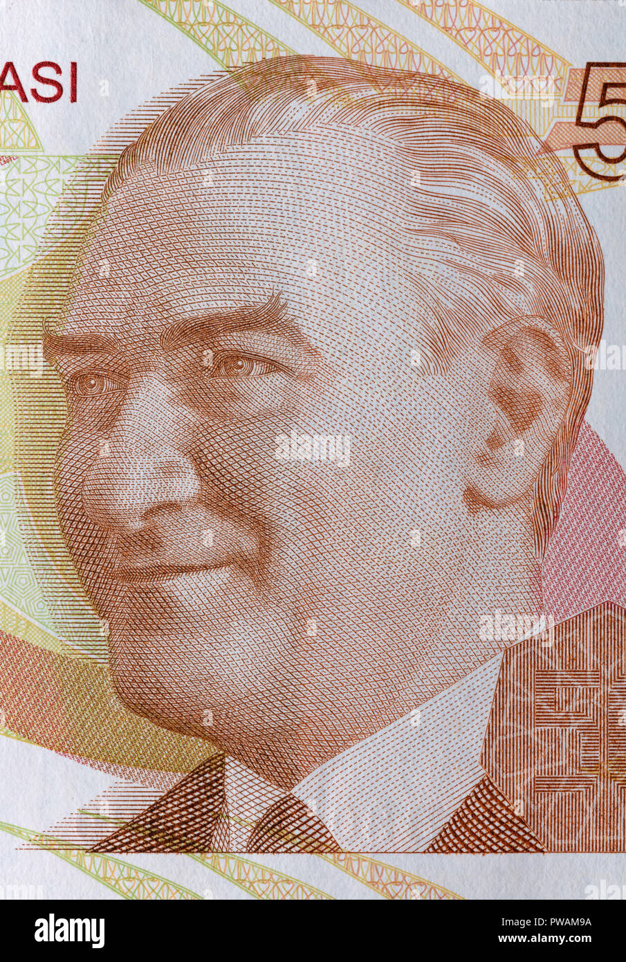 Portrait of Mustafa Kemal Ataturk from 50 lira banknote, Turkey, 2009 Stock Photo