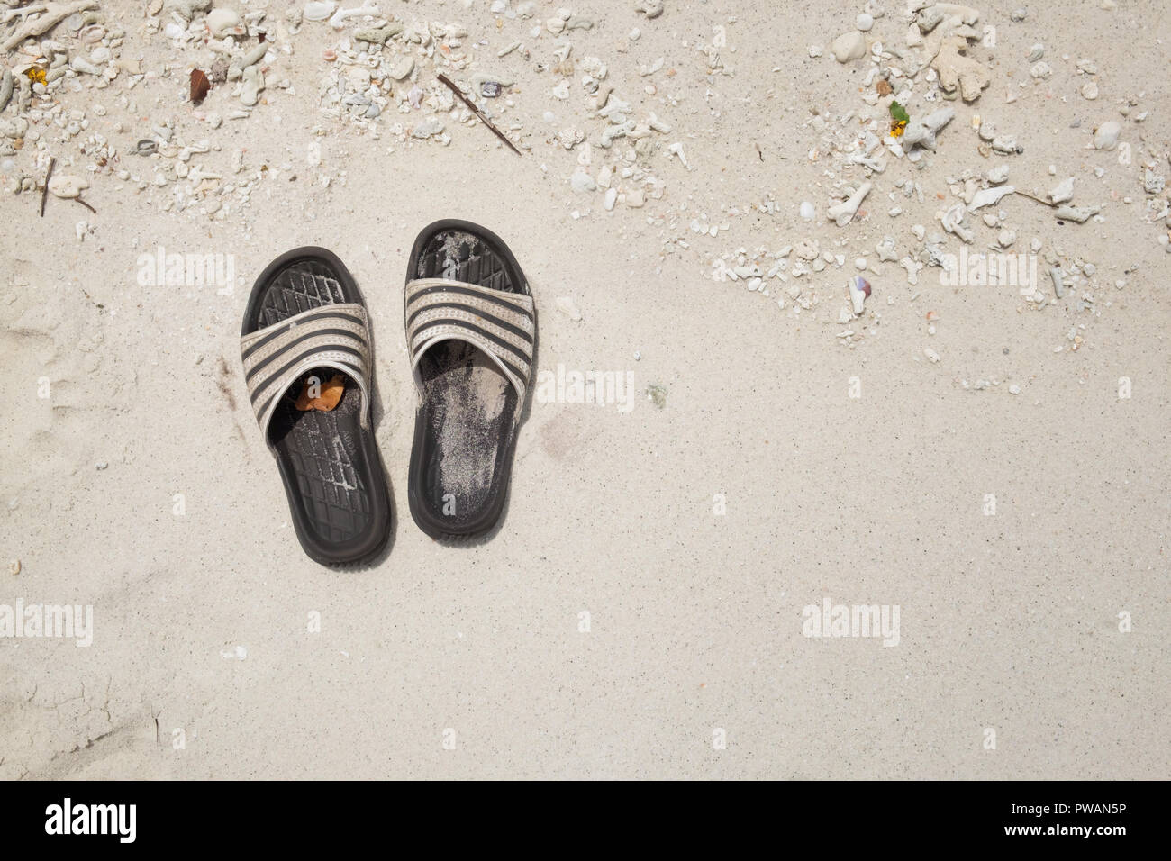 Summer travel concept,Top view flip flops on sand beach with copy space ...