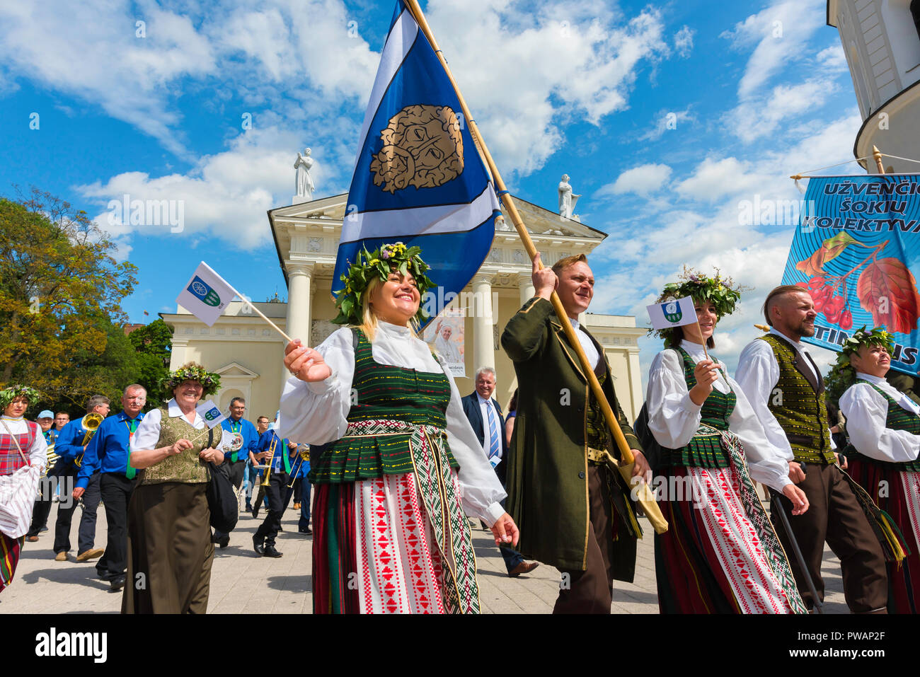 Lithuania people, view of people from the town of Kelme dressed in traditional costume parading in the Lithuania Song and Dance Festival in Vilnius. Stock Photo