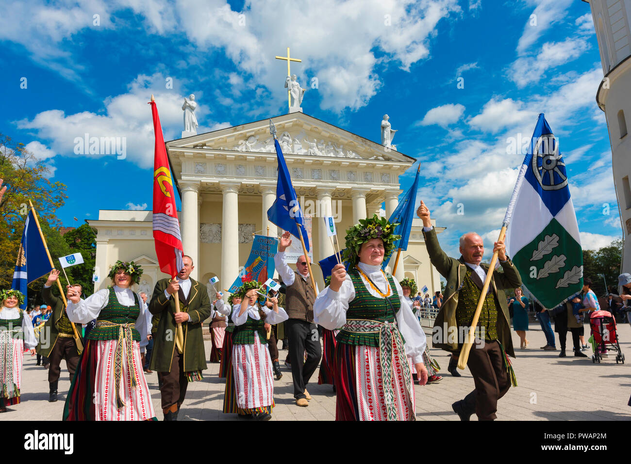 Baltic festival, view of people from the town of Kelme dressed in traditional costume parading in the Lithuania Song and Dance Festival in Vilnius. Stock Photo