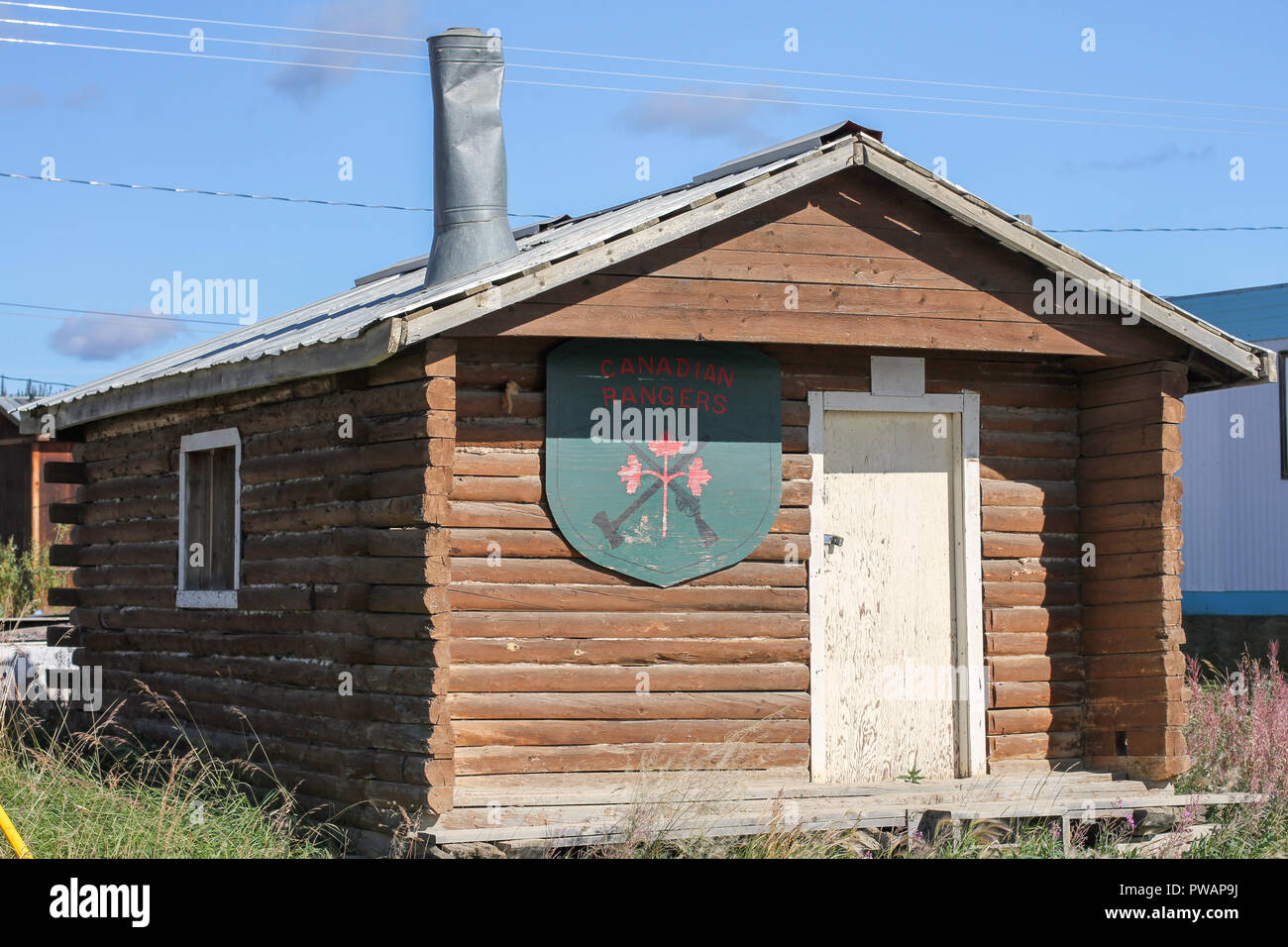 Old Crow, Canada. Canadian Rangers historical cabin. Stock Photo