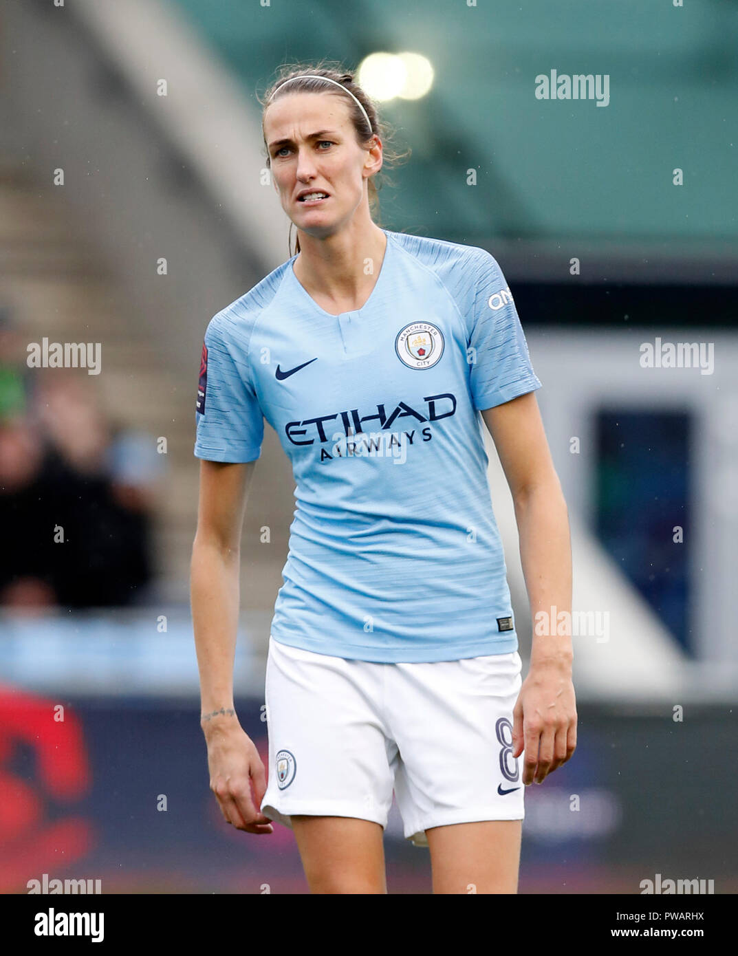 Manchester City's Jill Scott during the FA Women's Super League match The Academy Stadium, Manchester. PRESS ASSOCIATION Photo. Picture date: Sunday October 14, 2018. See PA story SOCCER Man City Women. Photo credit should read: Martin Rickett/PA Wire. RESTRICTIONS: EDITORIAL USE ONLY No use with unauthorised audio, video, data, fixture lists, club/league logos or 'live' services. Online in-match use limited to 120 images, no video emulation. No use in betting, games or single club/league/player publications. Stock Photo