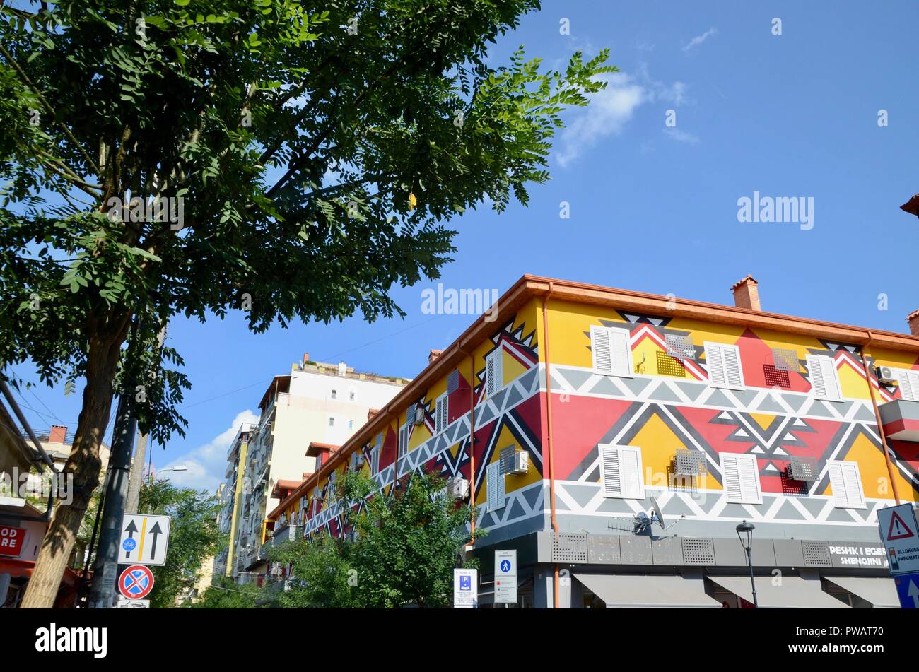 colourful buildings at pazari i ri central market tirana albania Stock Photo