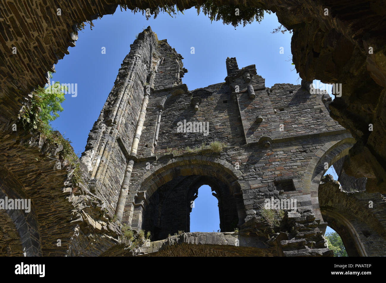 Ruins view through a collapsed roof at Abbey of Villers-la-Ville Stock Photo