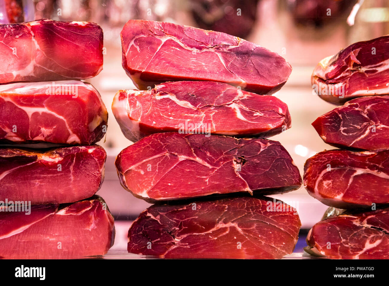Spanish cured ham at a market, Mercat de Santa Caterina (Santa Caterina Market), Barcelona, Spain Stock Photo