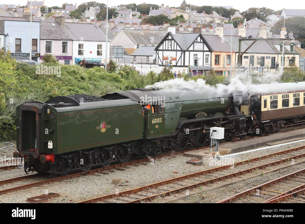 The Flying Scotsman. Holyhead Railway Station North Wales UK Stock Photo